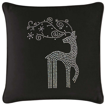 Sparkles Home Rhinestone Reindeer Pillow, Black Velvet, 16x16