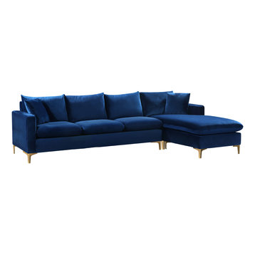 Naomi 3-Piece Velvet Reversible Sectional, Gold and Chrome Leg Set, Navy