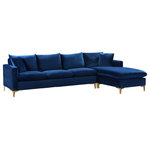 Meridian Furniture - Naomi 3-Piece Velvet Upholstered Reversible Sectional, Navy - Bring glamour to your living room or den with this Naomi Navy Velvet Sectional. This striking set blends the modern with the traditional for a look that wows from every angle. Luscious velvet provides a neutral element to your room, ensuring its easy fit with existing furnishings. Choose from either set of legs, both gold and chrome, to customize the sectional to your specific tastes. Pillows come with this sectional, adding to its welcoming feel.