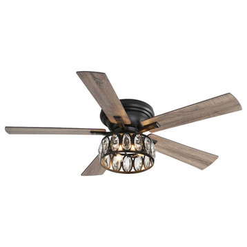 52" Crystal 5-Blade Hugger Ceiling Fan with Light Kit and Remote Control, Black