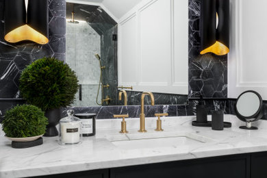 Shower bench - mid-sized modern kids' black and white tile and marble tile marble floor, black floor, single-sink and wall paneling shower bench idea in Atlanta with shaker cabinets, black cabinets, white walls, an undermount sink, marble countertops, a hinged shower door, white countertops and a built-in vanity