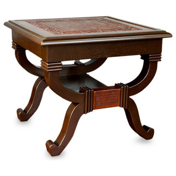 Novica Fern Garland Mohena Wood and Leather Accent Table