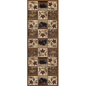 Portrait Wildlife Novelty Lodge Pattern Beige Runner Rug, 2.7'x7'
