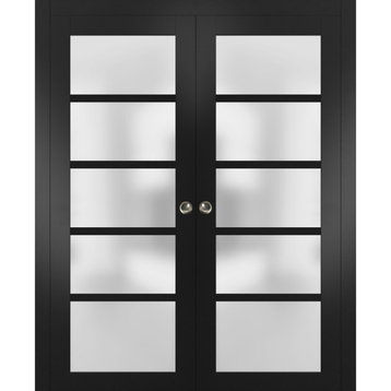 French Double Pocket Doors 72 x 84 Frosted Glass, Quadro 4002 Matte Black