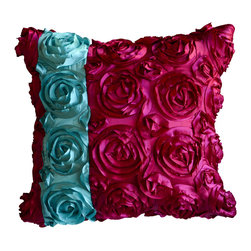 KH Window Fashions, Inc. - Textured Rose Pillow, Pink/Aqua Strip, 18"x18", Without Insert - Decorative Pillows