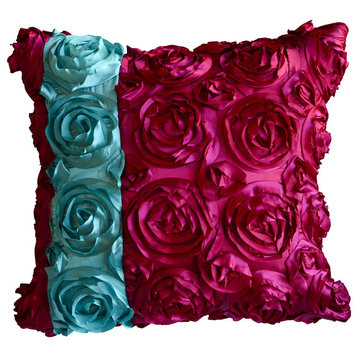 Textured Rose Pillow, Pink/Aqua Strip, 18"x18", Without Insert
