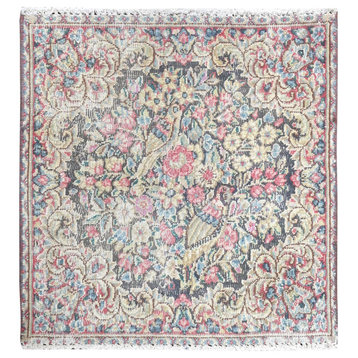 Colorful, Hand Knotted Old Persian Kerman, Worn Wool Square Rug, 1'8"x1'8"