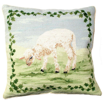 Throw Pillow Needlepoint Grass Lamb 18x18 Cotton Velvet Back Wool