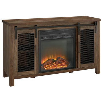 Rustic TV Console, Sliding Mesh Doors With Adjustable Shelf and Fireplace, Walnut