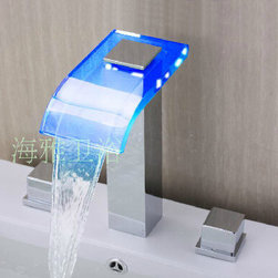 LED Waterfall Two Handles Hydroelectric Power Glass Bathroom Sink Faucet Chrome - Bathroom Sink Faucets