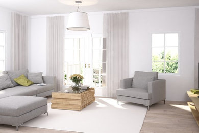 Inspiration for a small contemporary formal and open concept light wood floor living room remodel in Other with white walls, no fireplace and a concealed tv