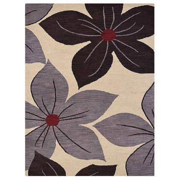 Hand Tufted Wool Area Rug Floral Cream, [Rectangle] 9'x12'