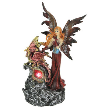 Ruby Red Fairy And Dragon LED Lighted Geode Statue