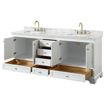 Deborah 80" White DBL Vanity, Carrara Marble Top, Sq. Sinks, Gold Trim