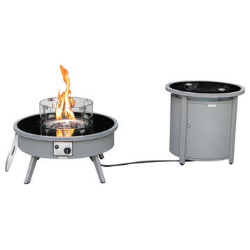 LeisureMod Walbrooke Round Fire Pit Table and Tank Holder, Gray