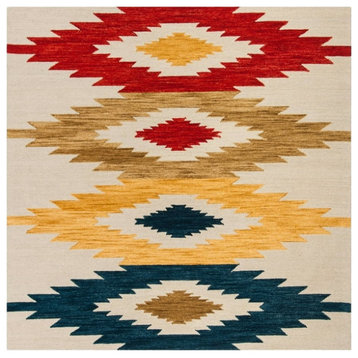 Southwestern Area Rug, Wool Pile With Ivory/Multi Geometric Pattern, 7' Square