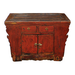 Distressed Red Lacquer Low Console Bench Table Cabinet - Accent Chests And Cabinets