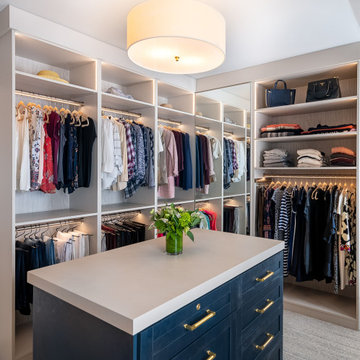 2022 HOBI Award Winner! New Canaan His/Hers Master Bedroom Closet with Island