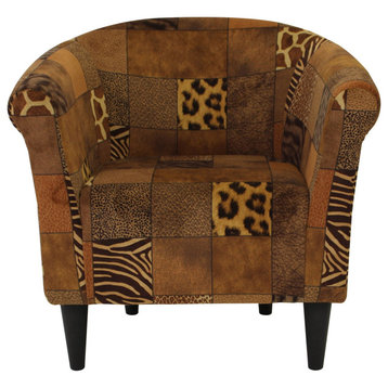 Unique Accent Chair, Barrel Design With Patchwork Animal Print Patterned Seat