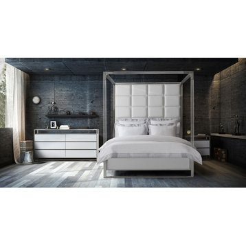 State St. Eastern King Canopy Bed - Satin White/Stainless Steel
