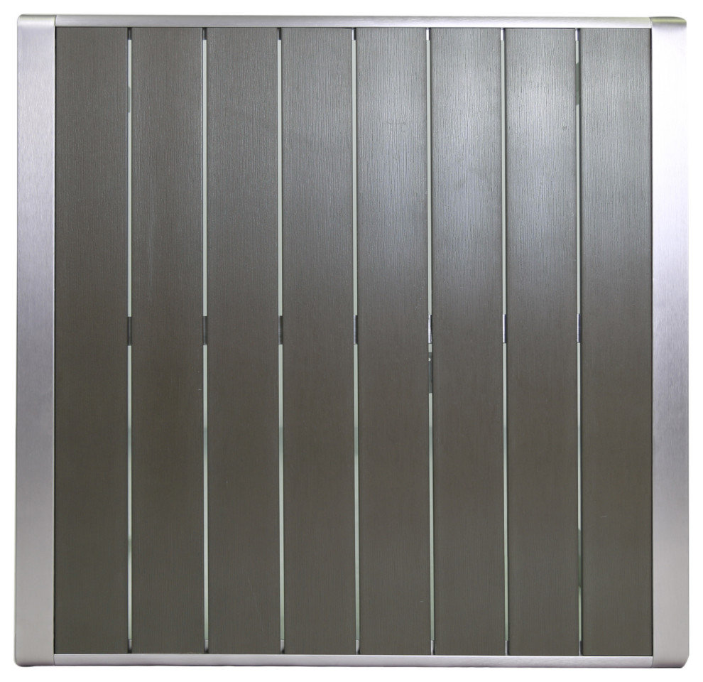 Hallie Outdoor Anodized Aluminum Dining Table With Tempered Glass Table Top, Faux Wood