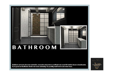 Badkamer natuursteen met zwart metalen douchewand