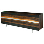 Nuevo - Sorrento Seared Wood Sideboard Cabinet, HGSR299 - Primarily crafted in solid raw oak, the Sorrento features simple elegant lines inspired by midcentury design. A broad horizontal inlay of high polished stainless steel bordered with live edge oak brings a unique organic energy to the 63 inch piece.