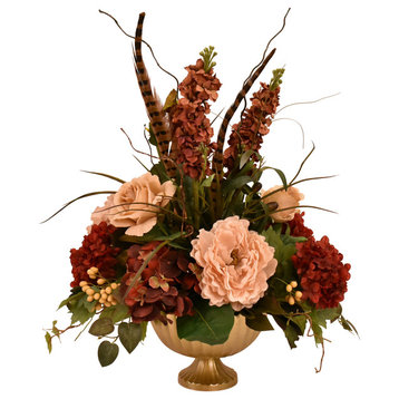 Burgundy and Tan Silk Flower Arrangement with Feathers