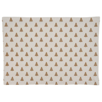 Cotton Placemats With Christmas Trees Design, Set of 4, Gold