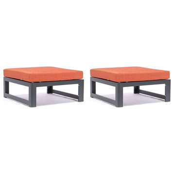 LeisureMod Chelsea Outdoor Black Ottomans With Cushions Set of 2, Orange