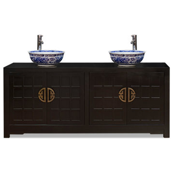 Matte Black Elmwood Japanese Sho Ji Double Vanity Cabinet, With Bowl and Faucet
