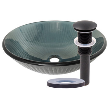 Fresso Hand Painted Grey-Green Stemmed Glass Vessel Bathroom Sink with Drain, Oil Rubbed Bronze