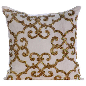 Beaded Damask 16"x16" Cotton Linen Gold Pillow Cases, Gold Encrusted