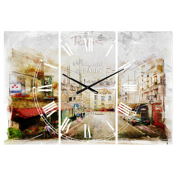 Paris Illustration French Country 3 Panels Metal Clock