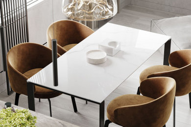 Свежая идея для дизайна: большая кухня-столовая в современном стиле с серыми стенами и серым полом - отличное фото интерьера