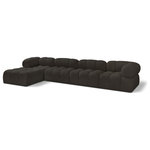 Meridian Furniture - Ames Boucle Fabric L-Shaped Modular Sectional, Brown, 5-Piece: 2 Armless Chair, 2 Corner Chair, 1 Ottoman - Introduce a touch of modern sophistication to your living area with the exquisite Ames Boucle Fabric Sectional. With plush brown boucle fabric and unique design, it will elevate the visual appeal of your living space. This elegant and captivating sectional can be mixed and matched with other pieces from the collection to create an endless array of stunning looks. So, get ready to transform your living area into an inviting and stylish haven with the Ames Boucle Fabric Sectional.