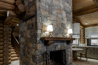 Источник вдохновения для домашнего уюта: большая открытая гостиная комната в стиле лофт с горизонтальным камином и фасадом камина из камня