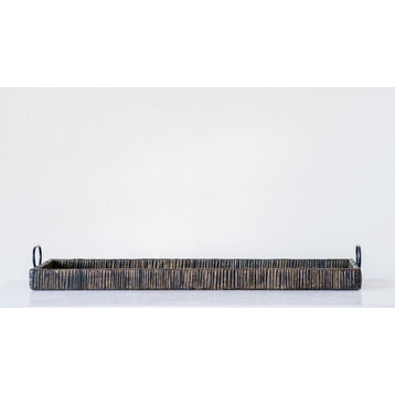 Black Rattan & Wood Tray with Handles