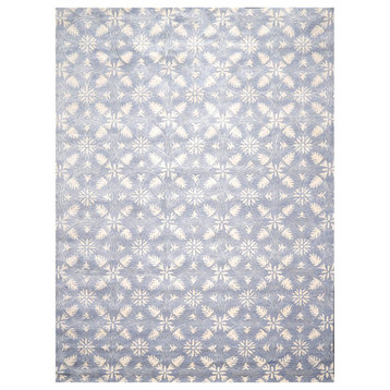 9'6''x12'5'' Hand Tufted Wool and Silk Botanical Oriental Area Rug Blue, Ivory