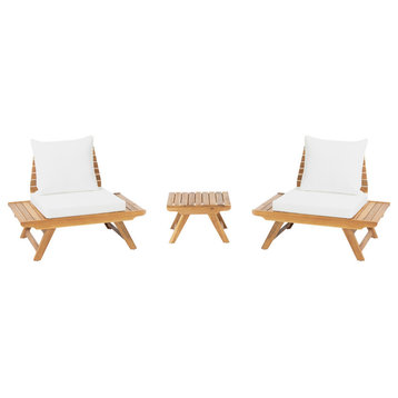 Rosalind Outdoor 2-Seater Acacia Wood Club Chairs and Side Table Set, Teak/White