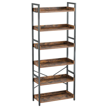 Industrial Wood Bookcase,6 Tier with 4 Hooks