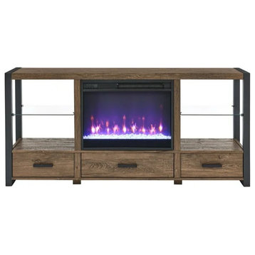 Modern Entertainment Center, Fireplace With Glass Shelves & Drawers, Wood Brown