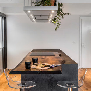 Zweizeilige, Mittelgroße Moderne Küche mit Vorratsschrank, Unterbauwaschbecken, flächenbündigen Schrankfronten, Arbeitsplatte aus Holz, Küchenrückwand in Metallic, Rückwand aus Spiegelfliesen, Küchengeräten aus Edelstahl, hellem Holzboden und Kücheninsel in Brisbane