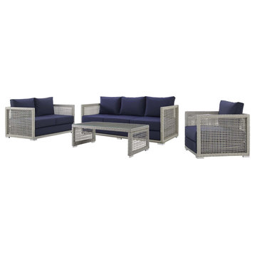 Modern Outdoor Sofa, Chair and Coffee Table Set, Rattan Fabric, Gray Navy Blue