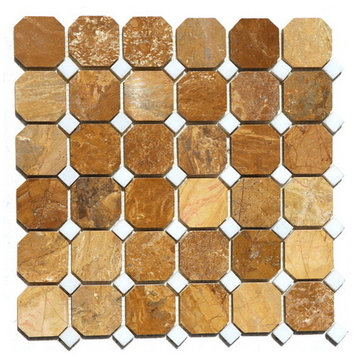 Interlocking Polished Autumn Gold Octagon Marble Tile, Set of 10