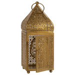 Serene Spaces Living - Moroccan Gold-Finish Metal Lantern, Large - Fine gold polished metal lantern features an ornate pattern inspired by traditional Moorish design, which casts a lovely textured shadow when it's filled with light. Comes with round, sturdy legs at the base to keep it stable, a metal ring at the top to hang them easily, and a door opening for easy insertion of the candle. Tuck a pillar or a trio of 2x2-inch candles and enjoy a dazzling spectrum of blazing colors. Use it as a freestanding lamp or hang it by its metal ring as a pendant lamp. This exotic lamp is ideal as a decorative centerpiece for Eid, Ramadan, Indian-inspired weddings, hanging for a glowing wedding ambiance, for the aisle of your wedding ceremony, Bohemian-themed indoors/outdoors. Sold individually, this gold lantern measures 4.5" Diameter and 12" Tall. You can count on quality, design, and manufacturing when you order from Serene Spaces Living products, where we curate everything with love.