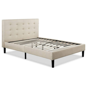 Platform Bed, Beige Upholstered Headboard With Square Button Tufting, Queen