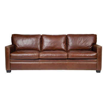 Transitional Track Arm Leather Sofa With Decorative Nails