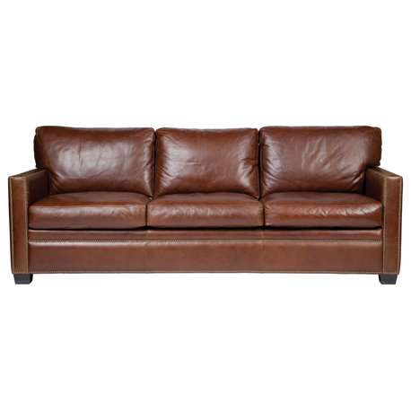 Transitional Track Arm Leather Sofa With Decorative Nails