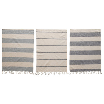 Cotton Tea Towels With Stripes/Tassels, Blue/White, 3-Piece Set